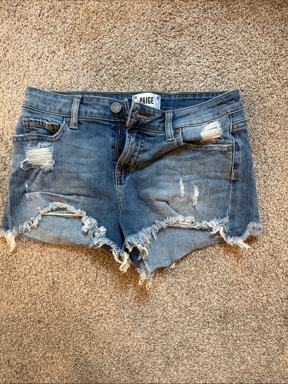 PAIGE Medium Blue Distressed Denim Cutoff Shorts